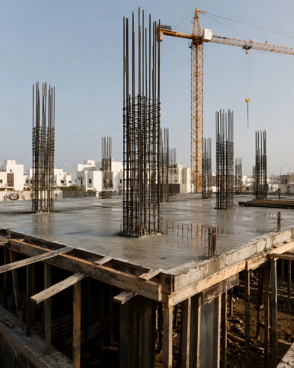 Coulage de béton et structure sur un chantier de gros œuvre EBM.